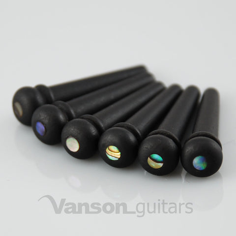 6 x VANSON High Quality Ebony & Abalone acoustic guitar Bridge Pins, String Pegs