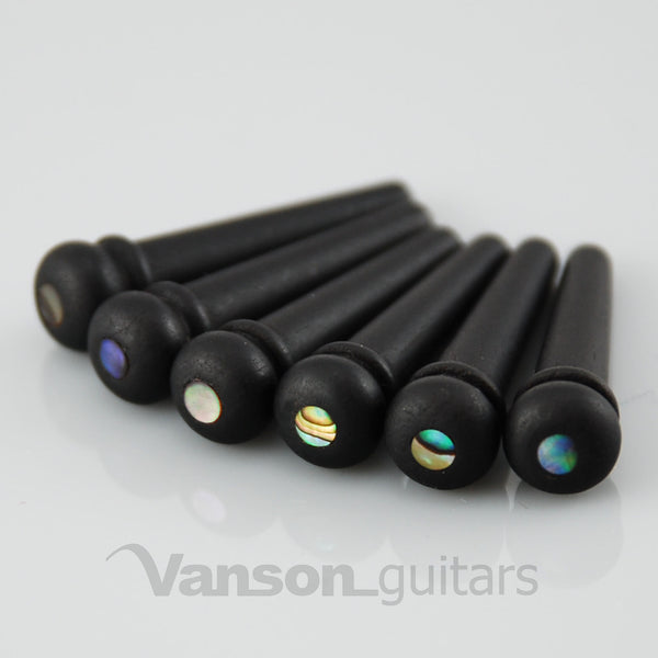 6 x VANSON High Quality Ebony & Abalone acoustic guitar Bridge Pins, String Pegs